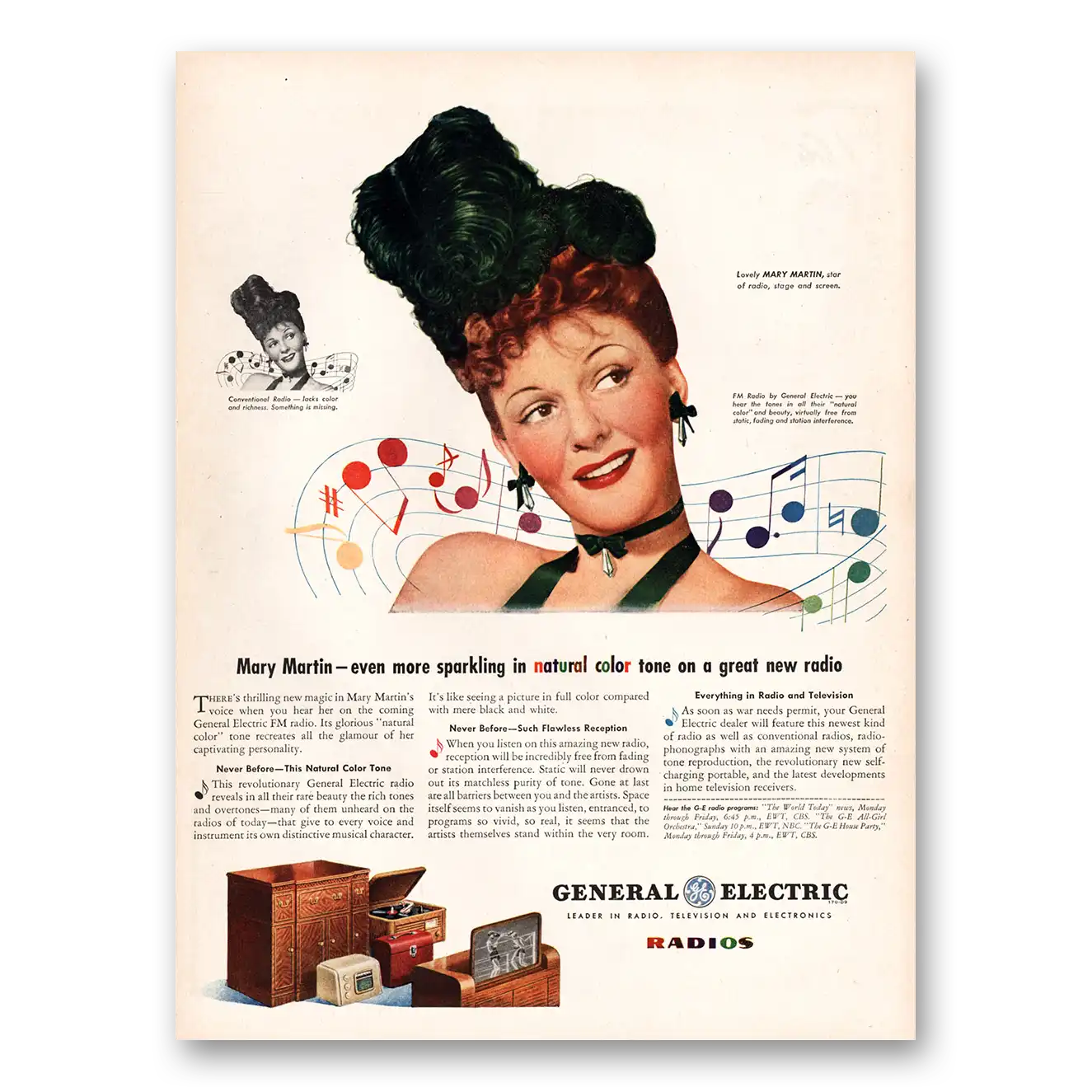 1945 General Electric Radio Mary Martin Vintage Magazine Print Ad