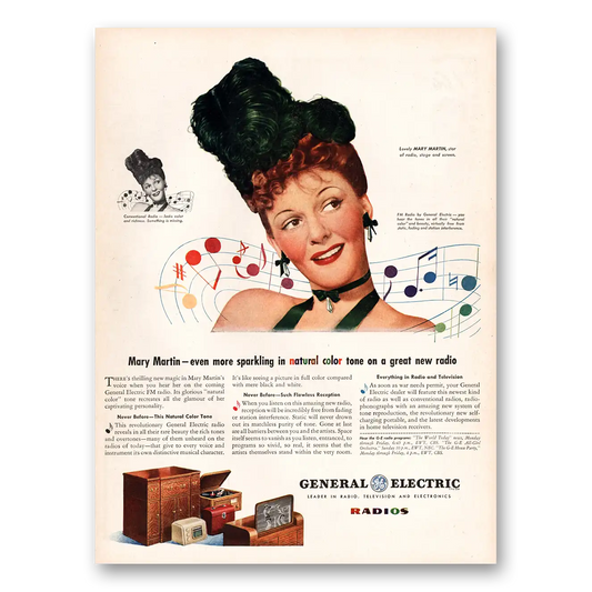 1945 General Electric Radio Mary Martin Vintage Magazine Print Ad