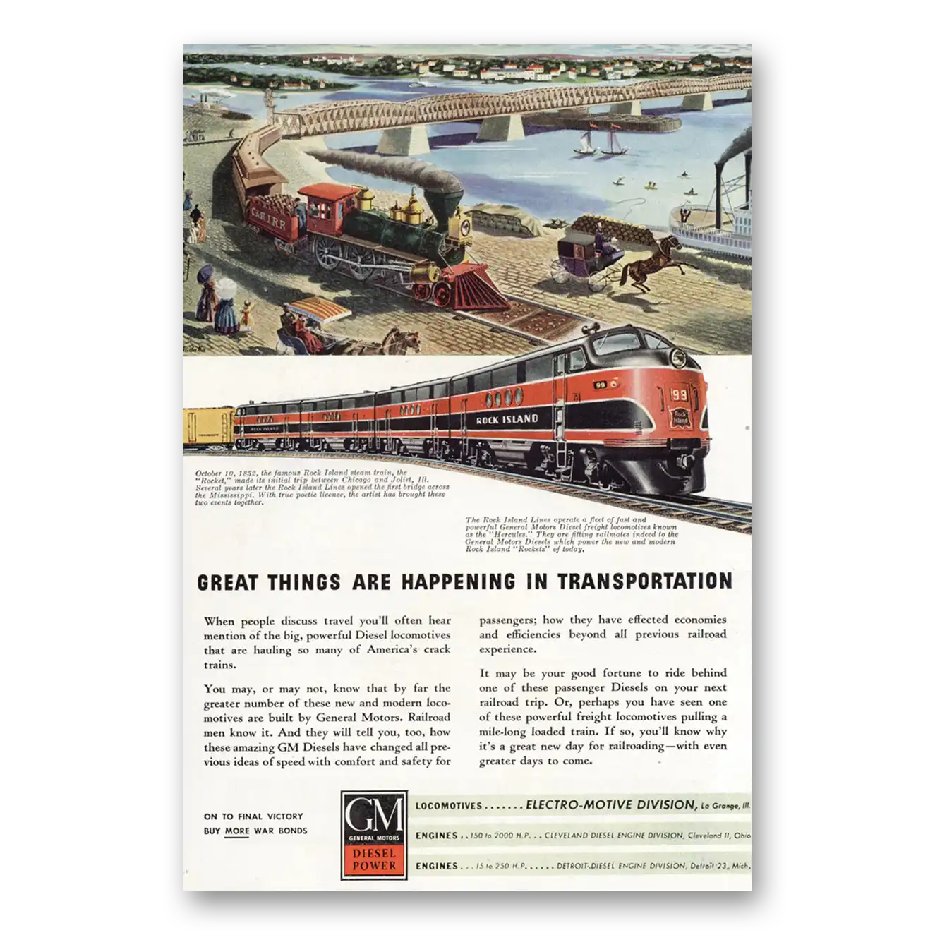 1945 GM Electro Motive Rock Island Steam Train Vintage Magazine Print Ad