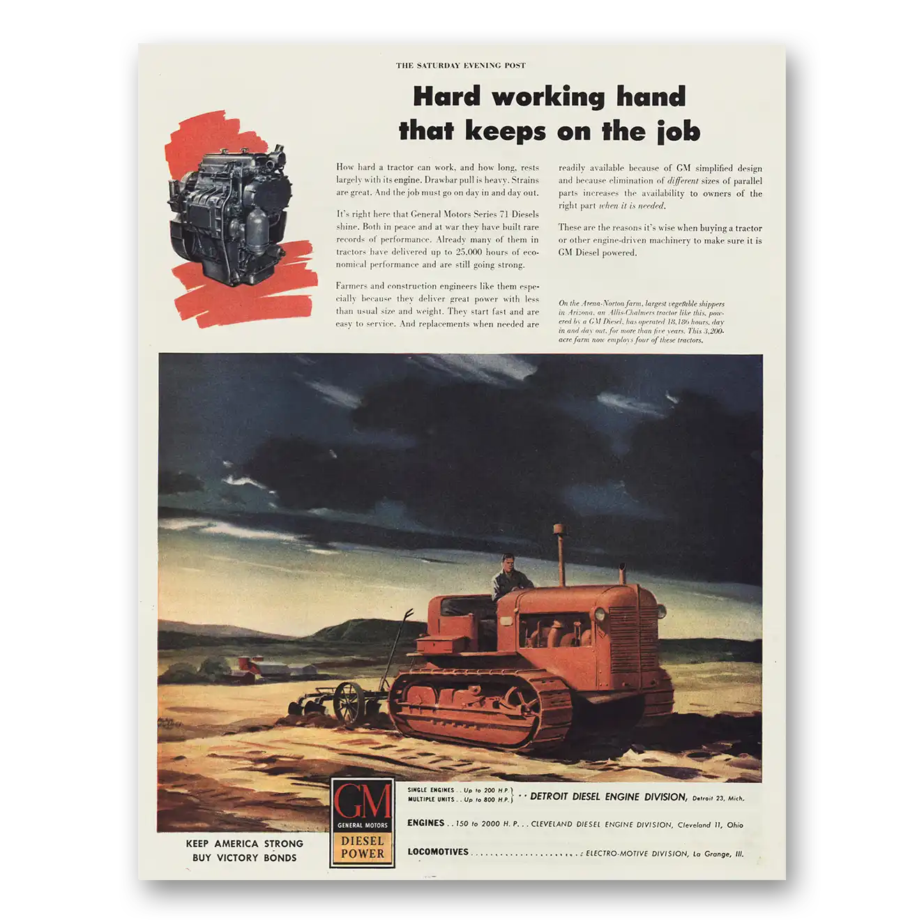 1945 GM Diesel Power Hard Working Hand Vintage Magazine Print Ad