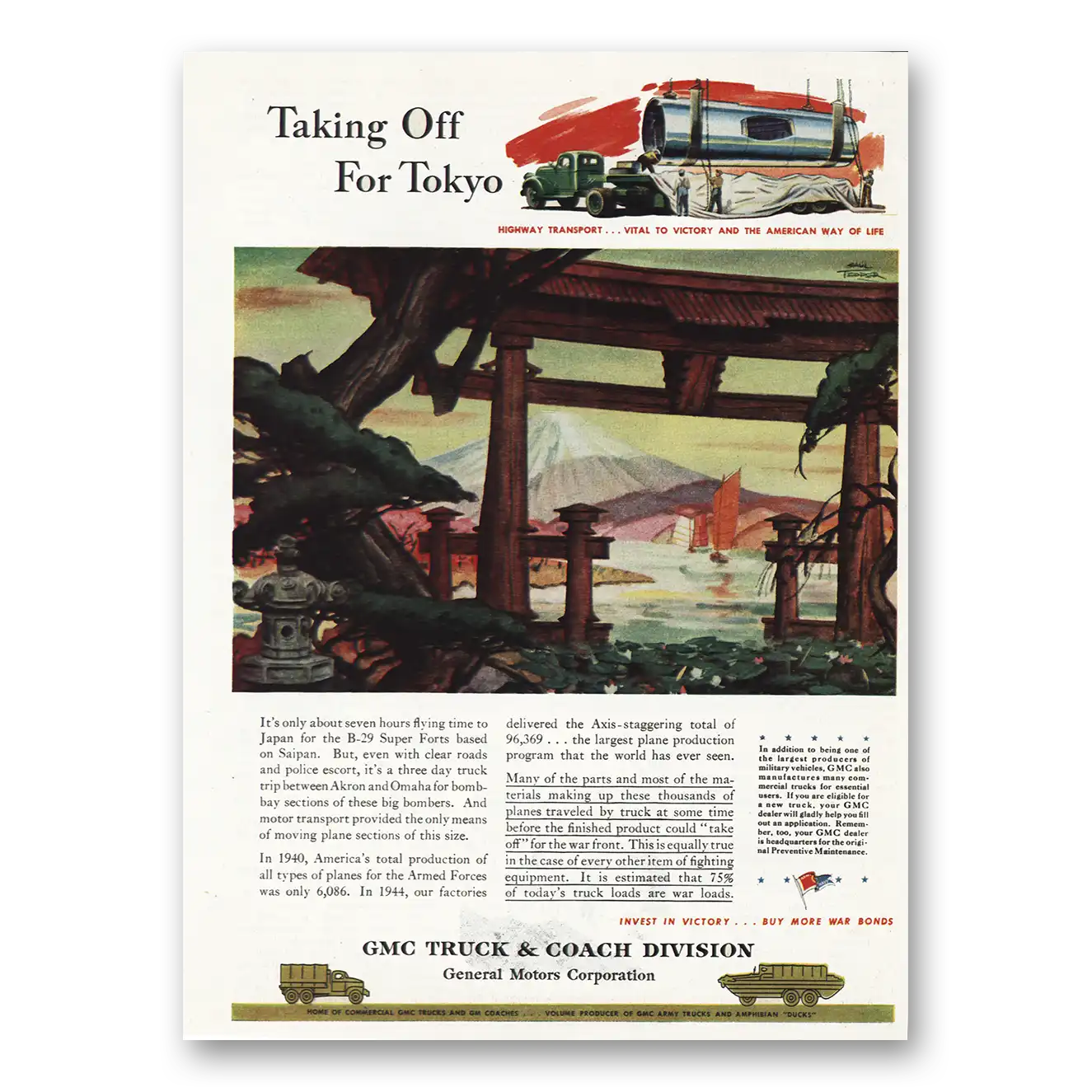 1945 GMC Trucks Taking Off For Tokyo Vintage Magazine Print Ad