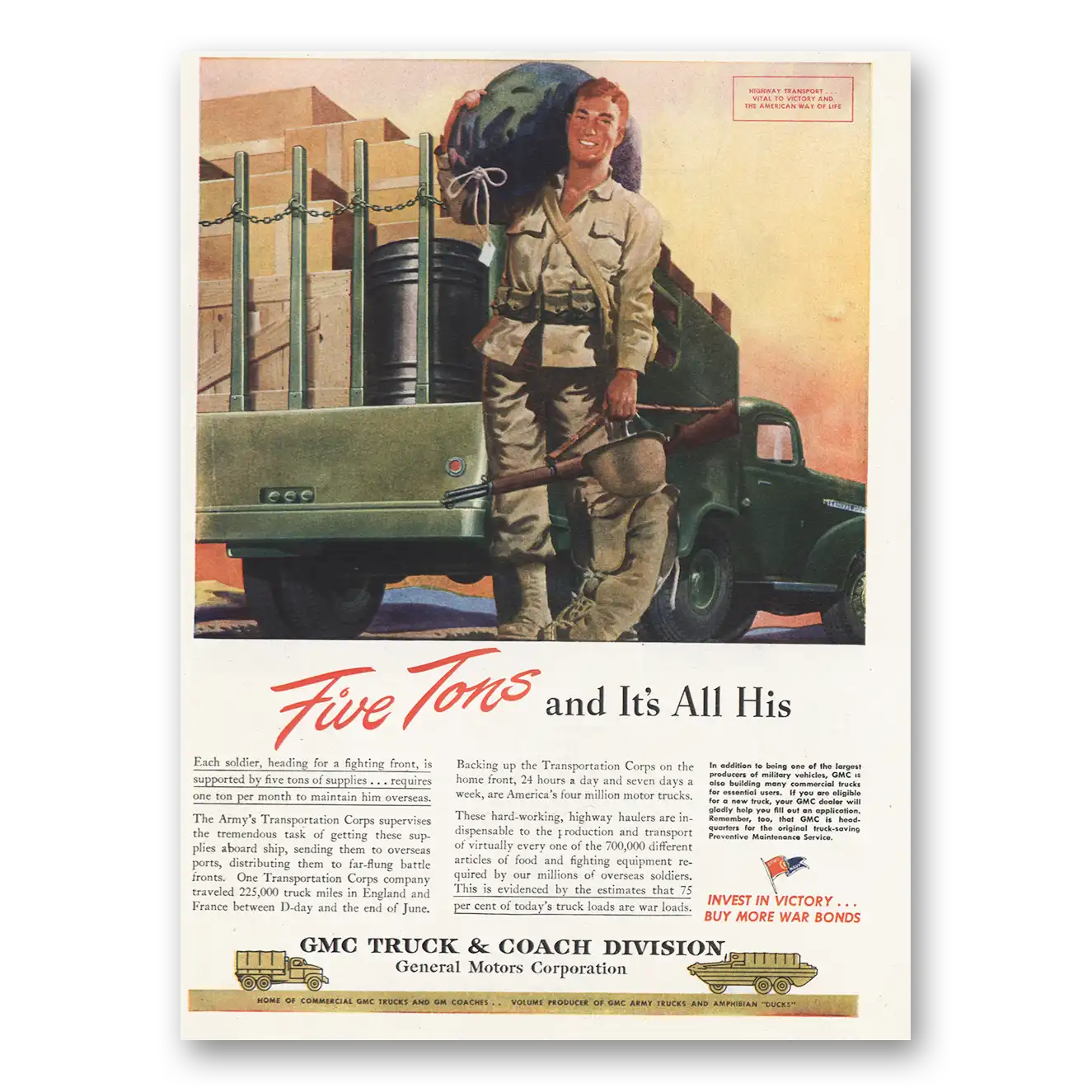 1945 GMC Trucks Five Tons And Its All His Vintage Magazine Print Ad