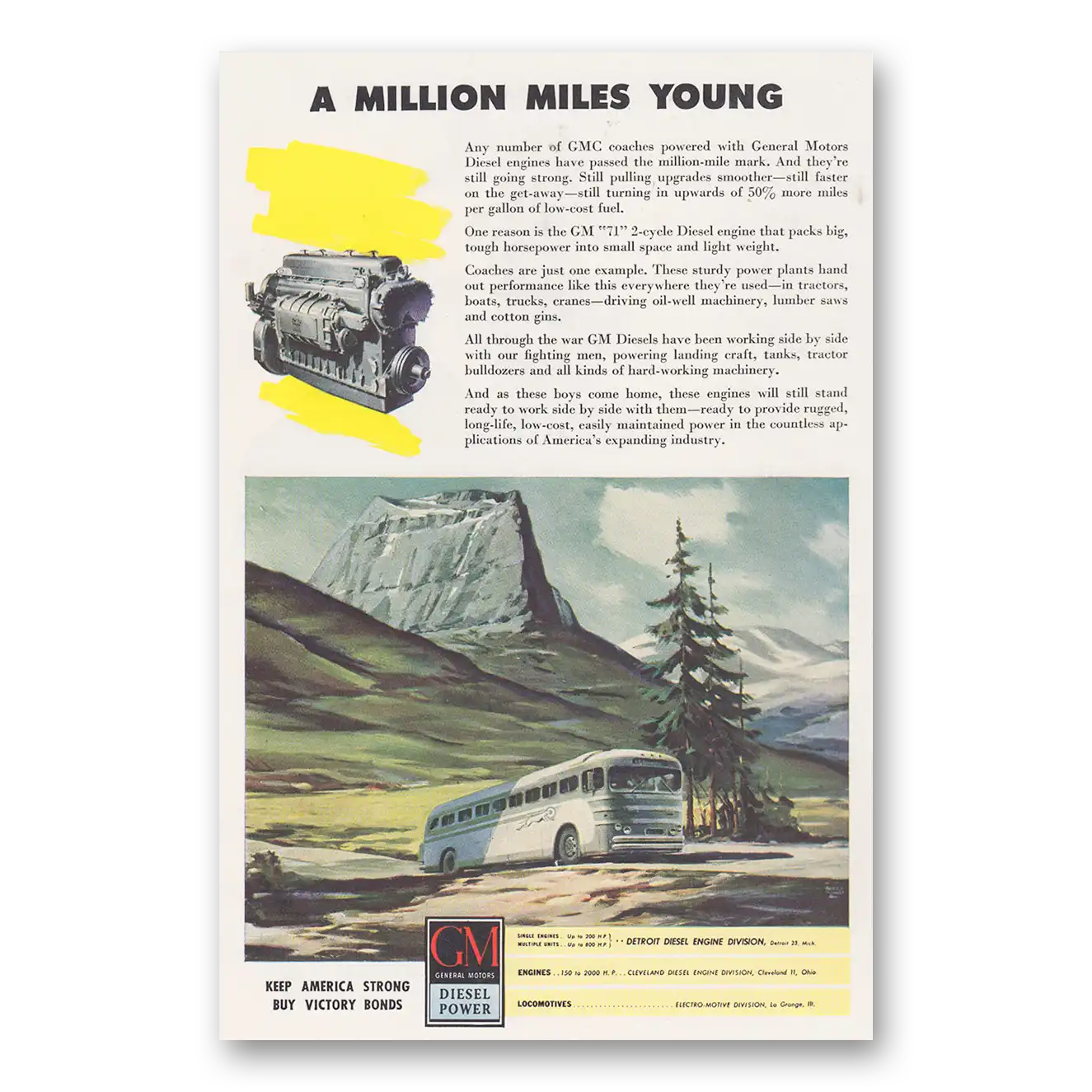 1945 GM Diesel Power Million Miles Young Vintage Magazine Print Ad