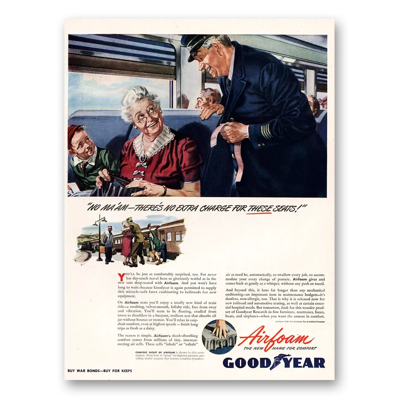 1945 Goodyear Airfoam No Maam No Extra Charge Seats Vintage Magazine Print Ad