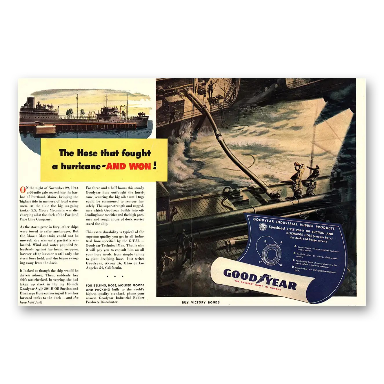 1945 Goodyear Hose That Fought a Hurricane and Won Vintage Magazine Print Ad