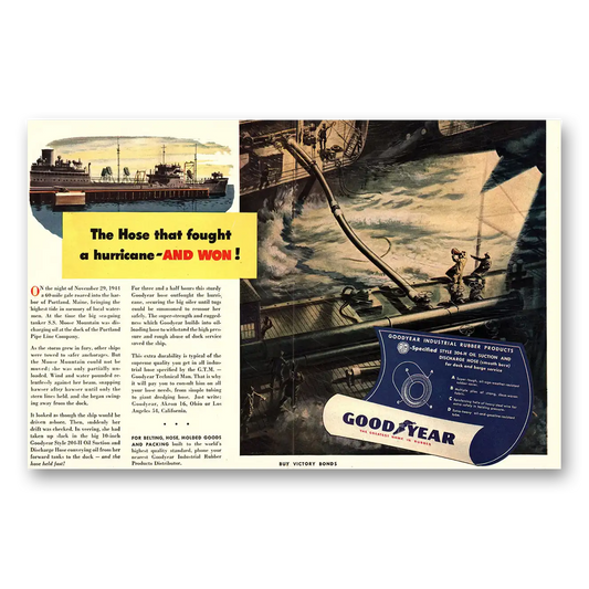 1945 Goodyear Hose That Fought a Hurricane and Won Vintage Magazine Print Ad