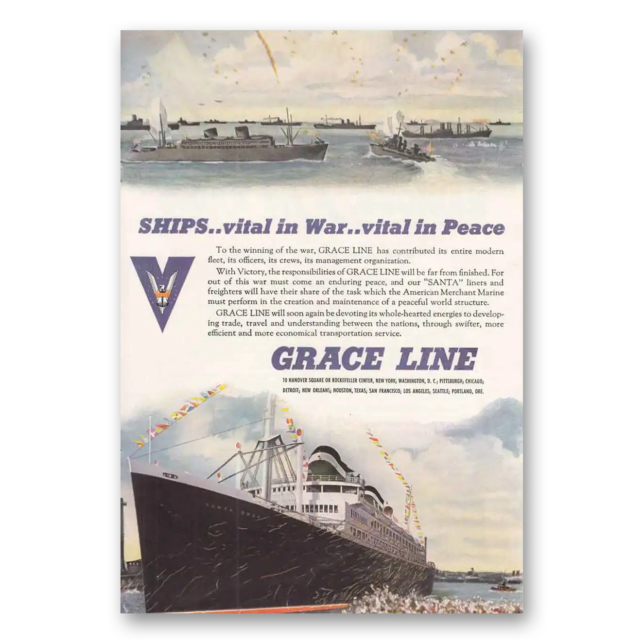 1945 Grace Line Ships Vital in War Vital in Peace Vintage Magazine Print Ad