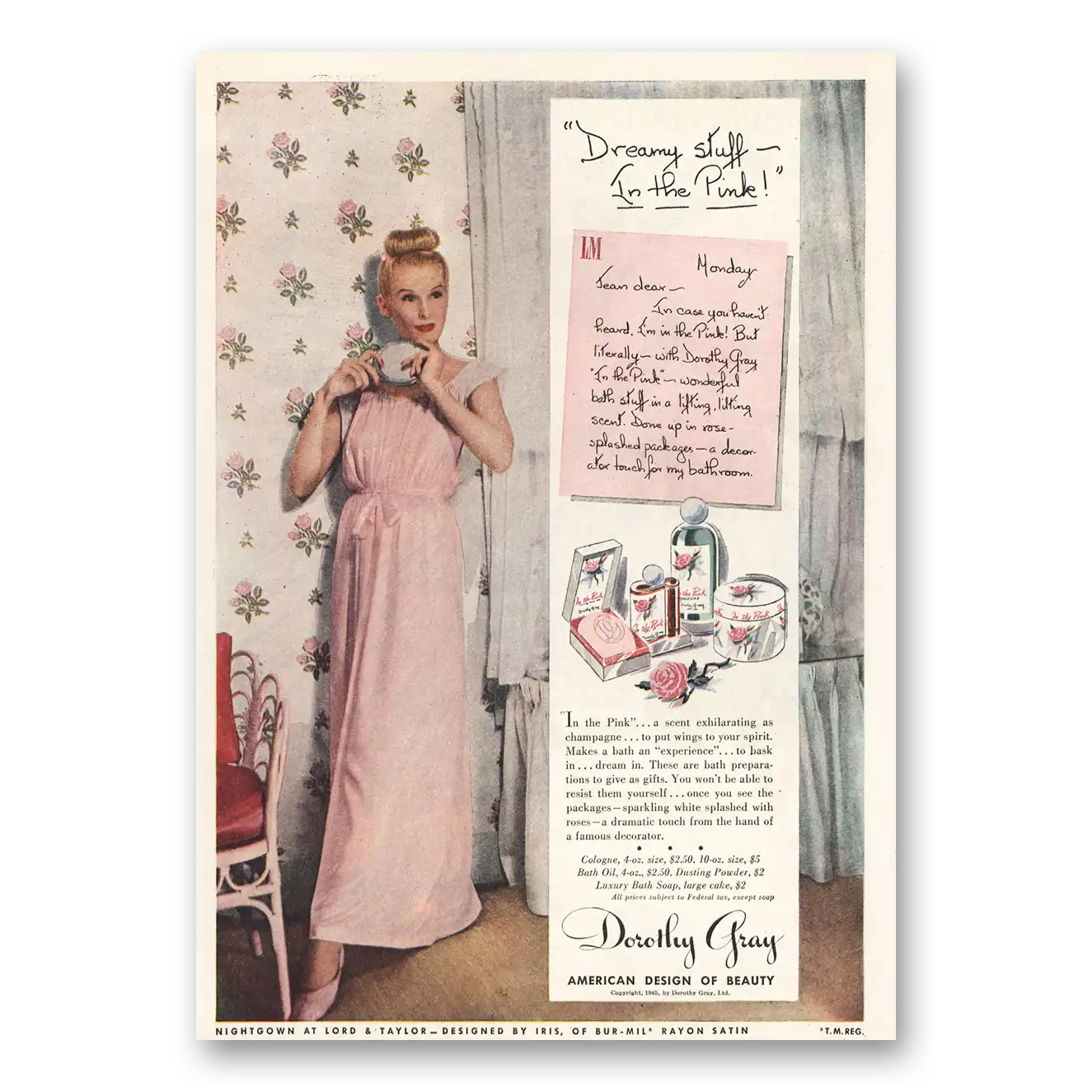 1945 Dorothy Gray Dreamy Stuff In the Pink Vintage Magazine Print Ad