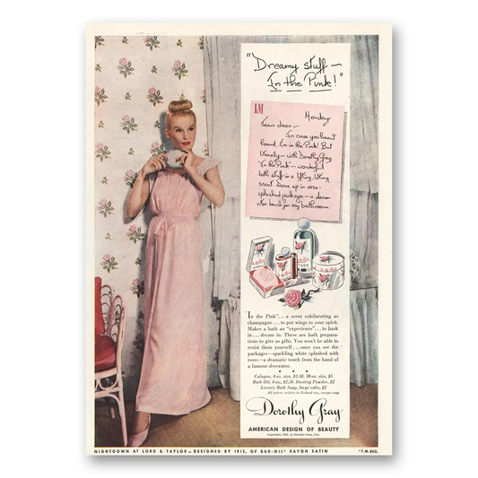 1945 Dorothy Gray Dreamy Stuff In the Pink Vintage Magazine Print Ad