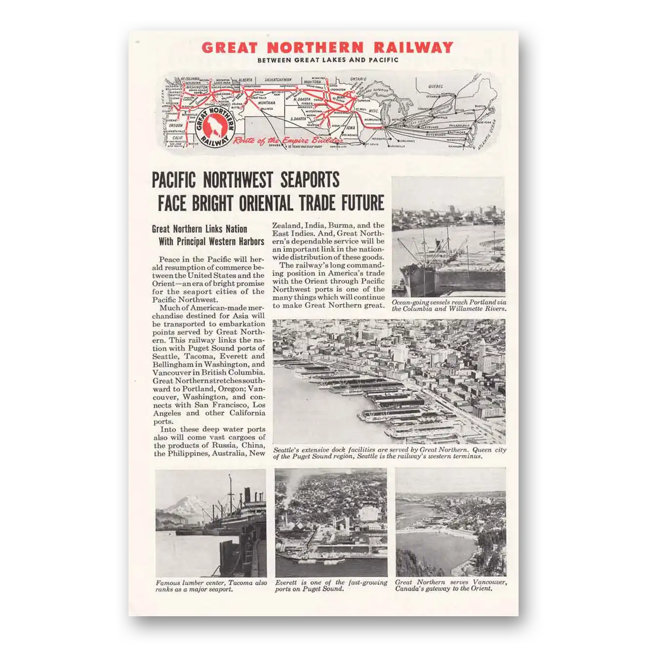 1945 Great Northern Railway Pacific Northwest Seaports Vintage Magazine Print Ad