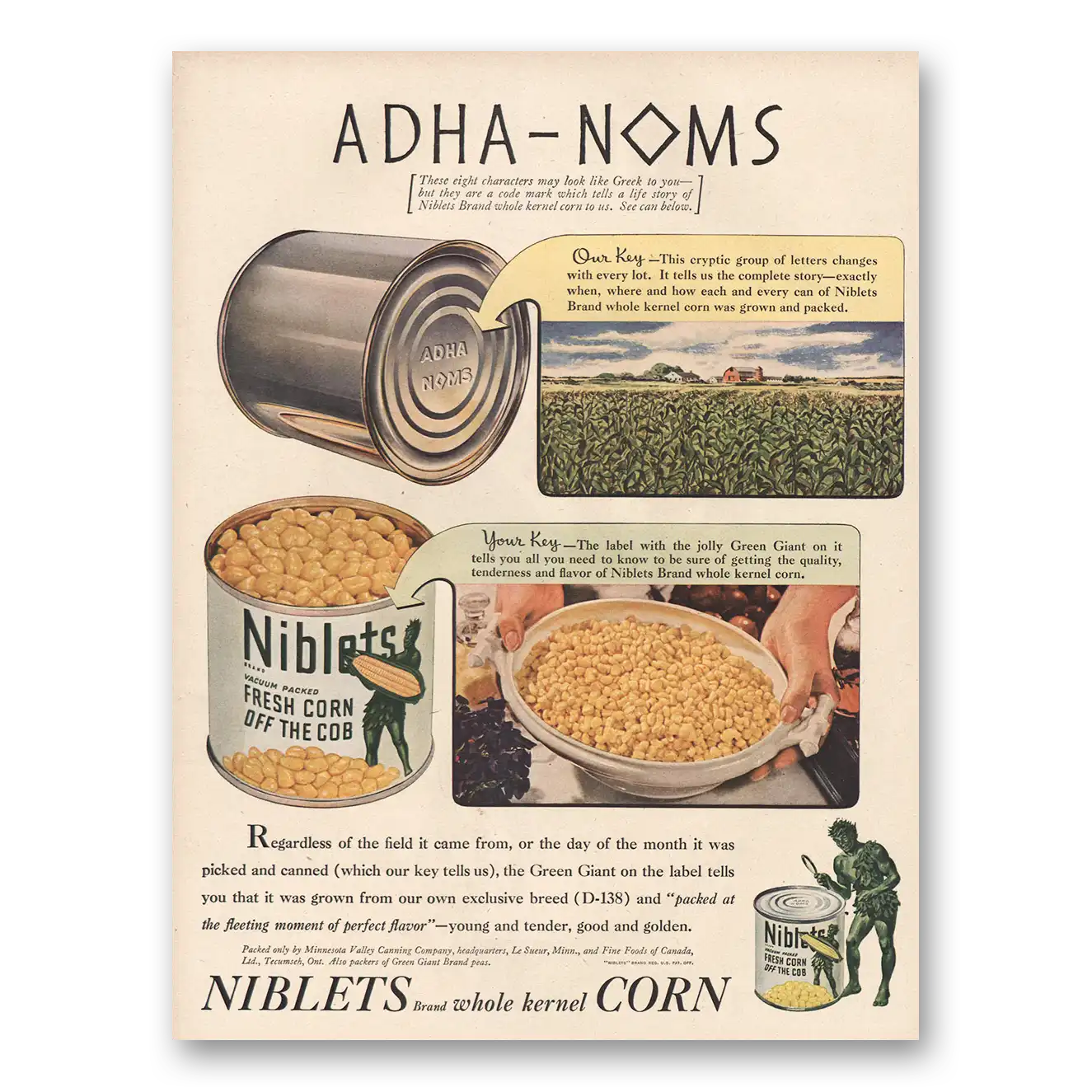 1945 Green Giant ADHA NOMS Vintage Magazine Print Ad