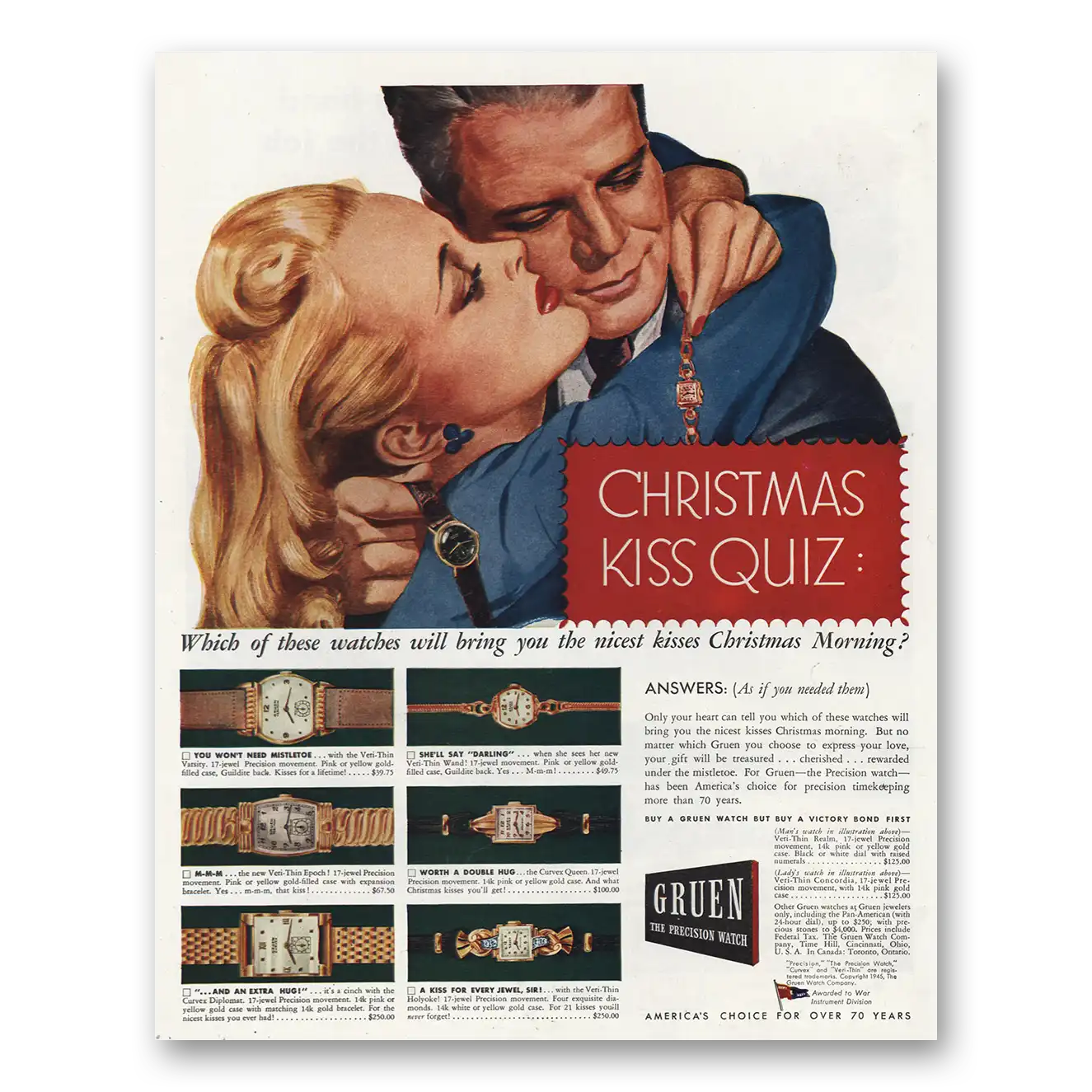 1945 Gruen Watch Christmas Kiss Quiz Vintage Magazine Print Ad