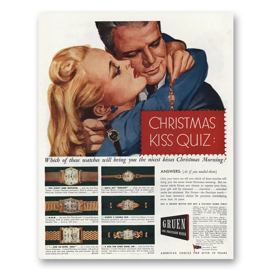 1945 Gruen Watch Christmas Kiss Quiz Vintage Magazine Print Ad