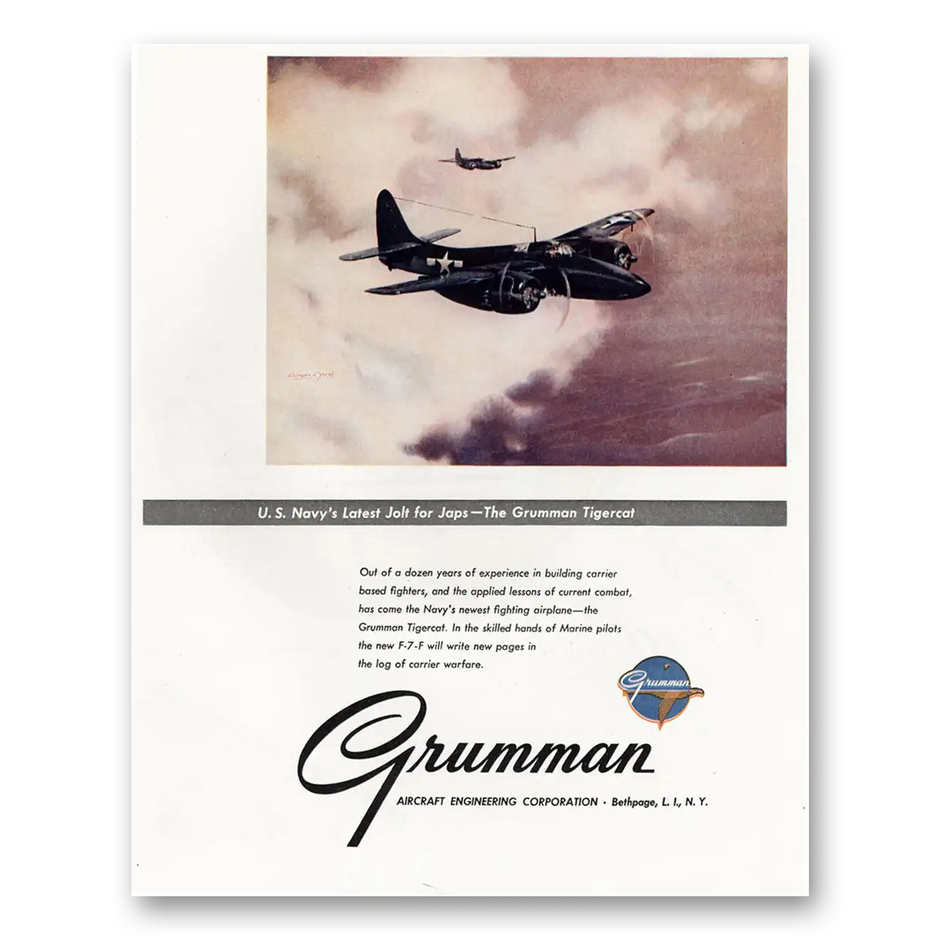 1945 Grumman Tigercat US Navy Jolt for Japs Vintage Magazine Print Ad