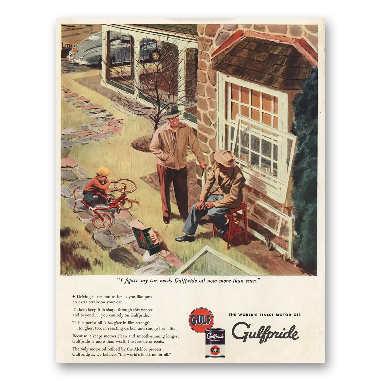 1945 Gulf Oil Figure My Car Needs Gulfpride Oil Vintage Magazine Print Ad