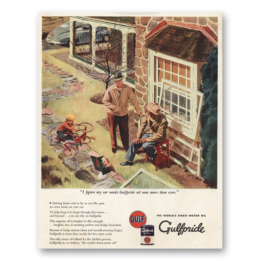 1945 Gulf Oil Figure My Car Needs Gulfpride Oil Vintage Magazine Print Ad