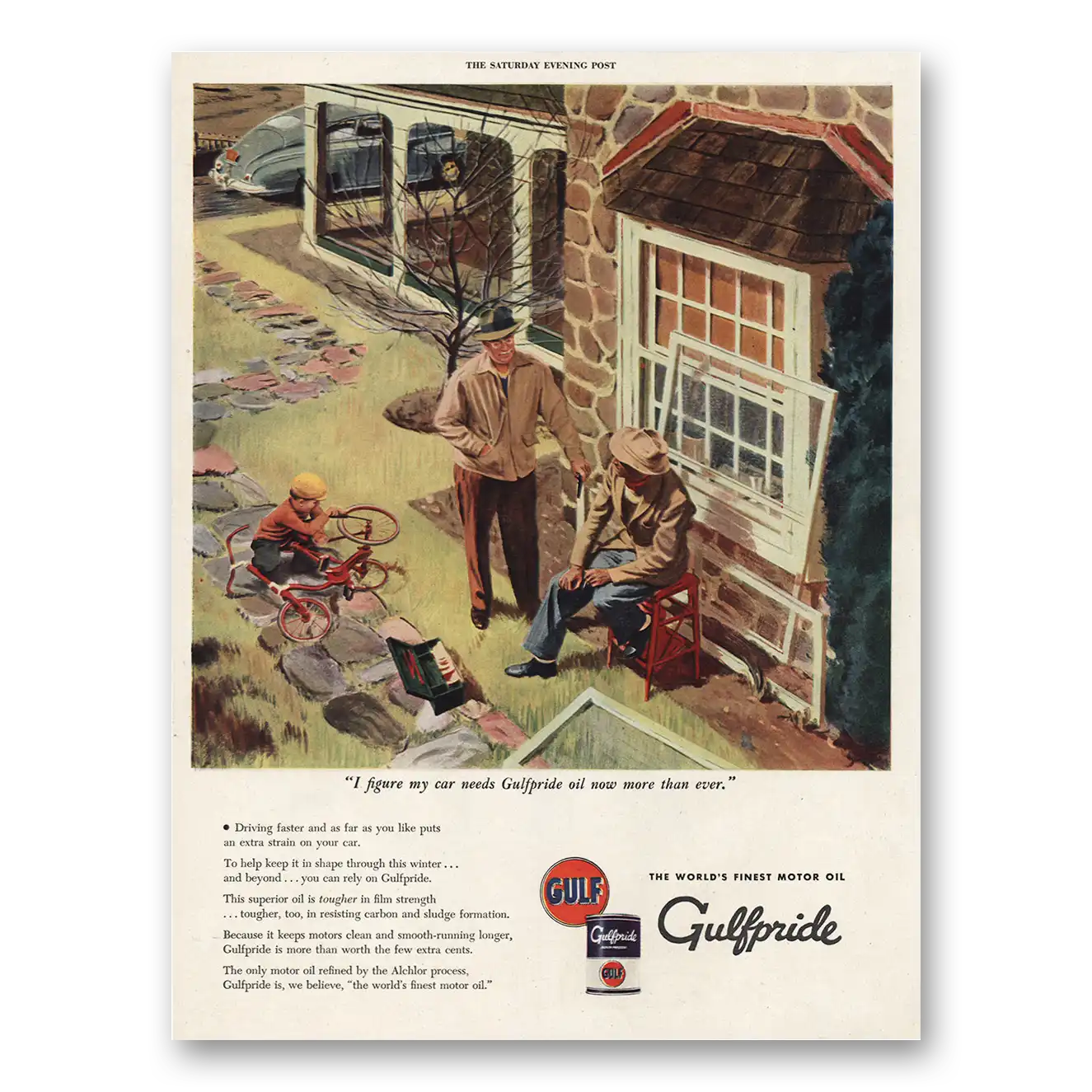 1945 Gulf Oil I Figure Out My Car Needs Vintage Magazine Print Ad