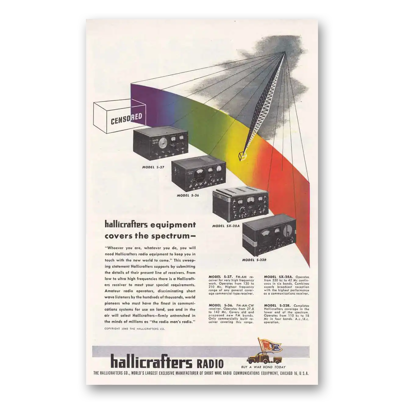 1945 Hallicrafters Covers the Spectrum Vintage Magazine Print Ad