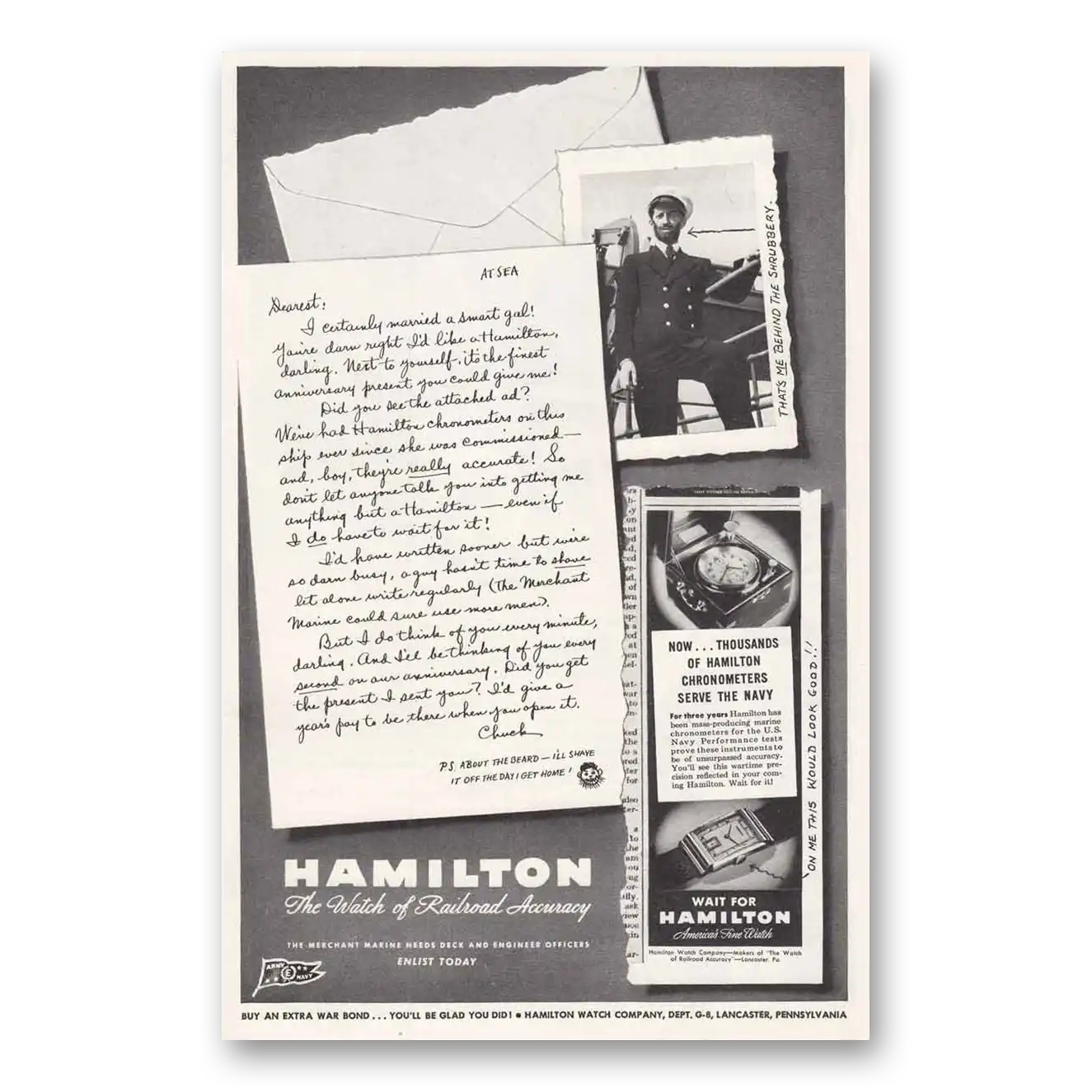 1945 Hamilton Watch Letter at Sea Vintage Magazine Print Ad