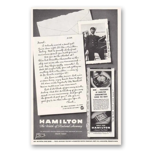 1945 Hamilton Watch Letter at Sea Vintage Magazine Print Ad