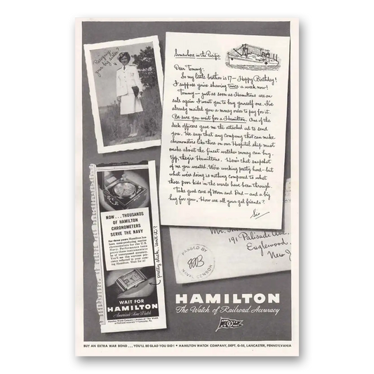 1945 Hamilton Watch Somewhere in the Pacific Letter Vintage Magazine Print Ad