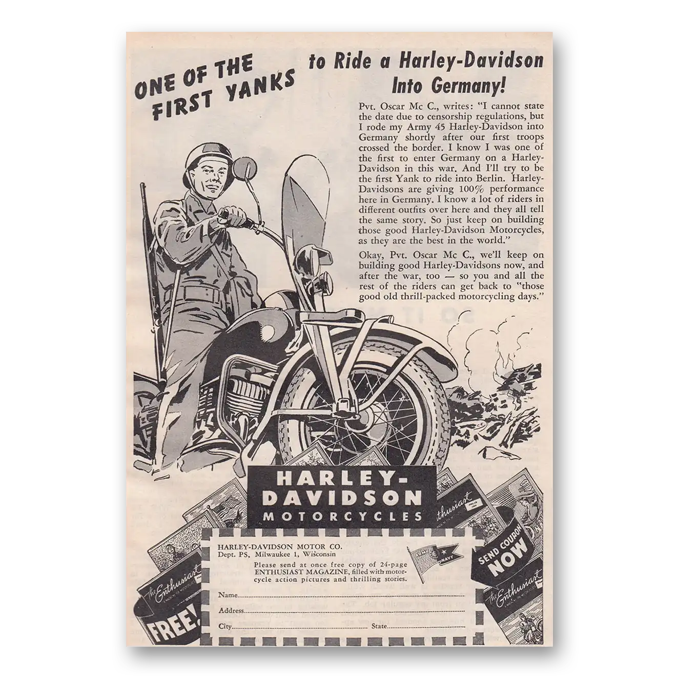 1945 Harley Davidson One of the First Yanks to Ride a Harley Davidson Into Germany Vintage Magazine Print Ad