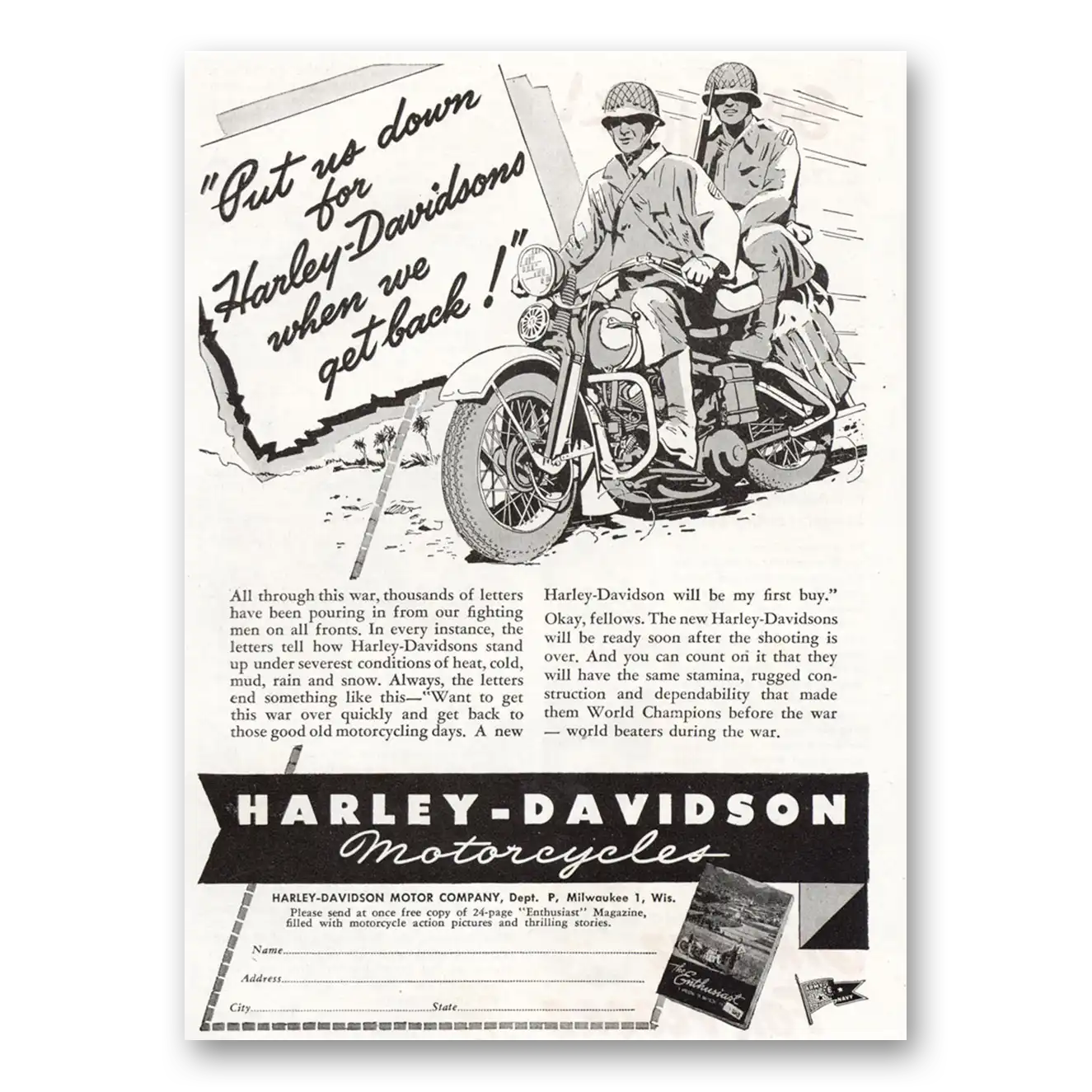 1945 Harley Davidson Put Us Down When We Get Back Vintage Magazine Print Ad