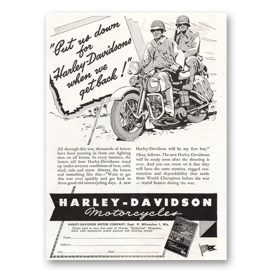 1945 Harley Davidson Put Us Down When We Get Back Vintage Magazine Print Ad