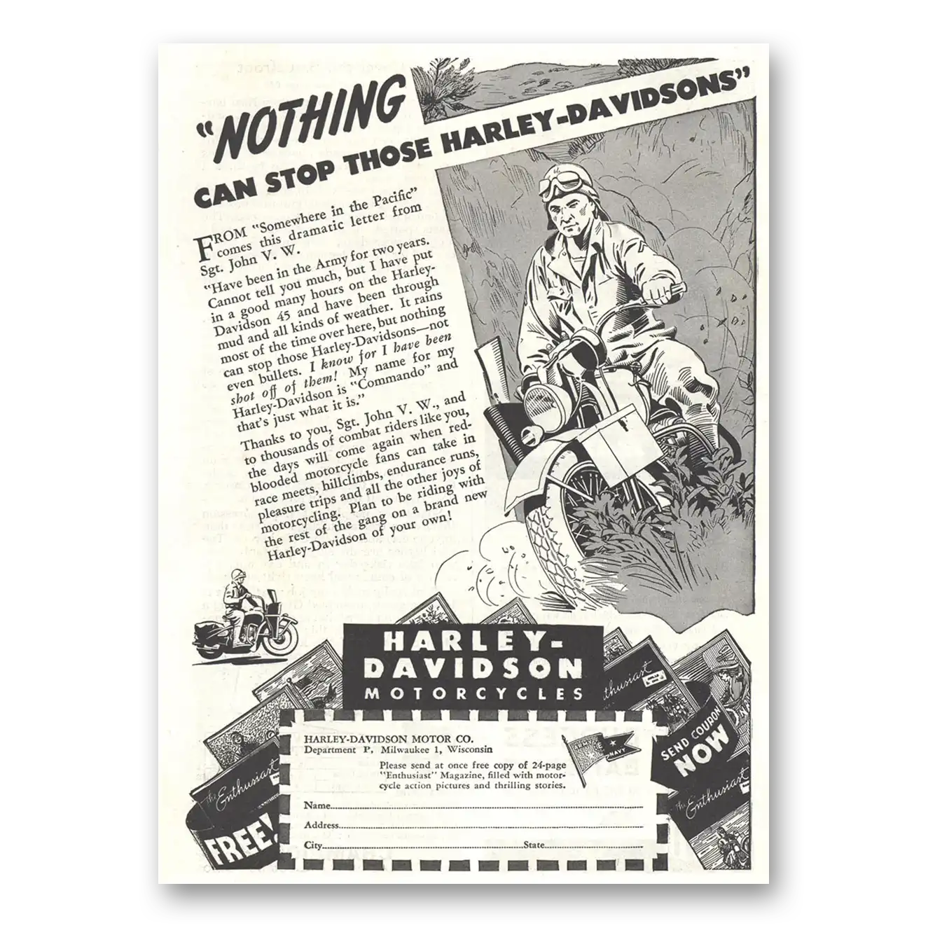 1945 Harley Davidson Nothing Can Stop Those Vintage Magazine Print Ad