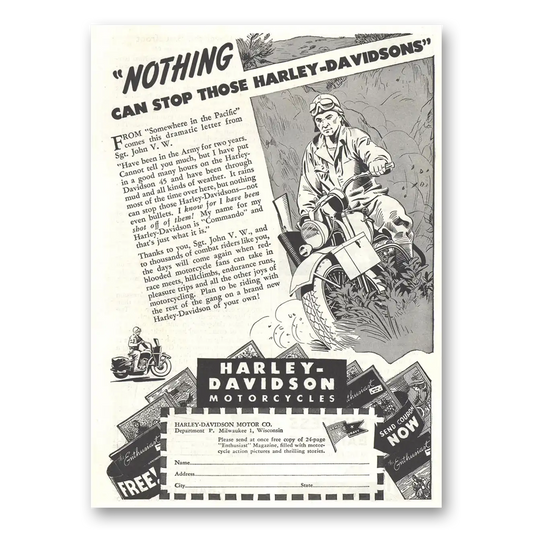 1945 Harley Davidson Nothing Can Stop Those Vintage Magazine Print Ad