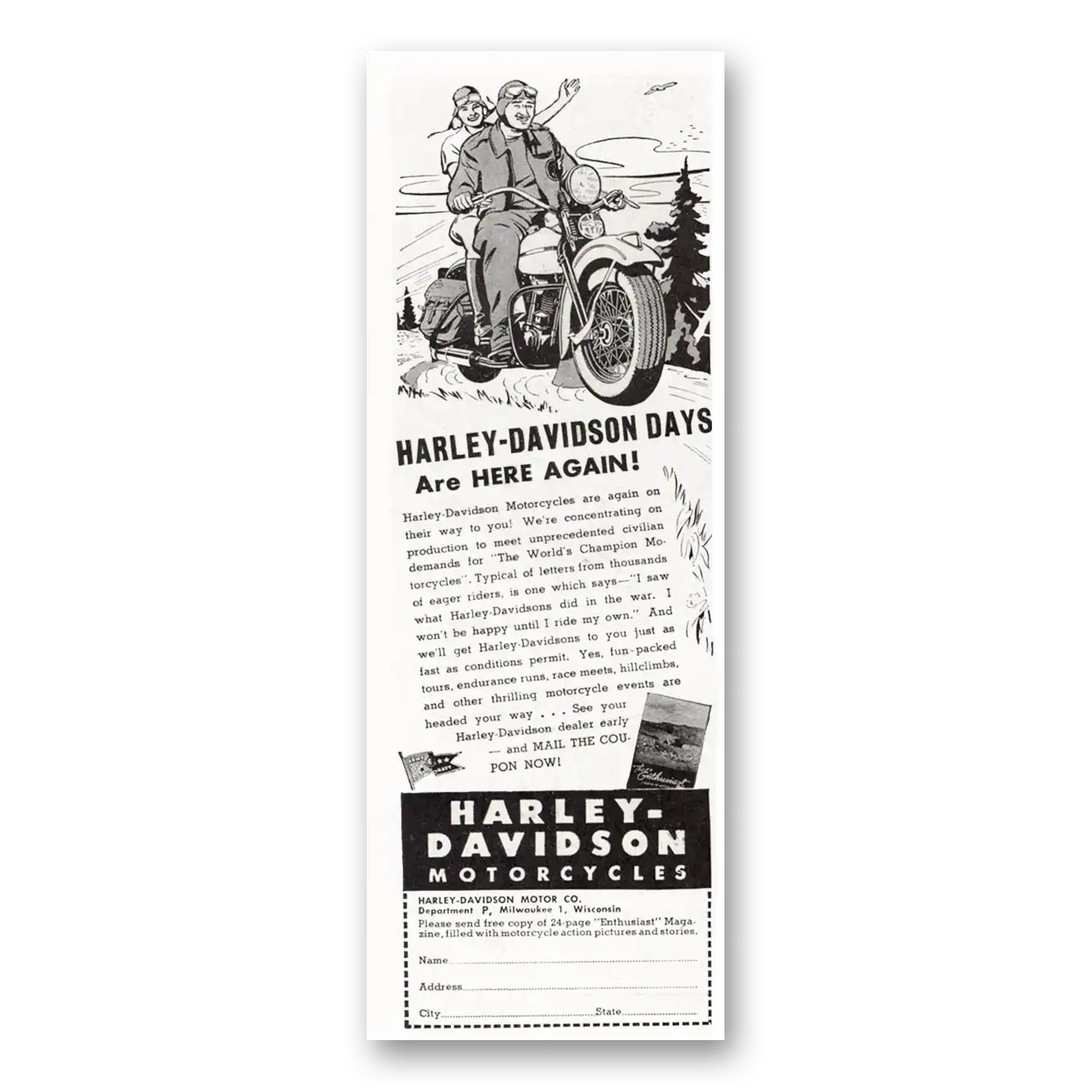 1945 Harley Davidson Days Are Here Again Vintage Magazine Print Ad