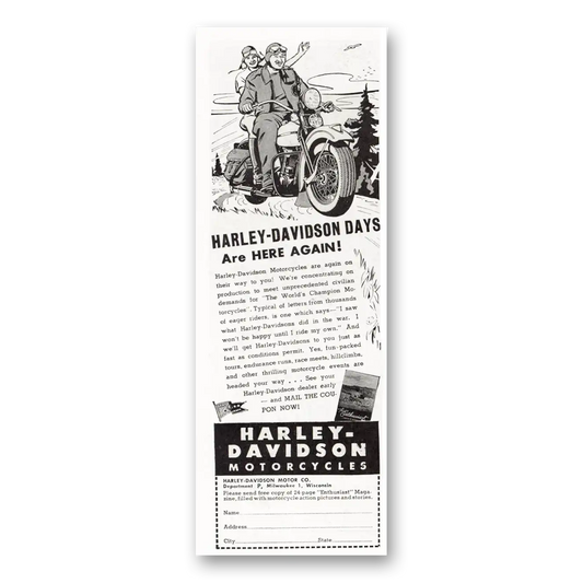 1945 Harley Davidson Days Are Here Again Vintage Magazine Print Ad