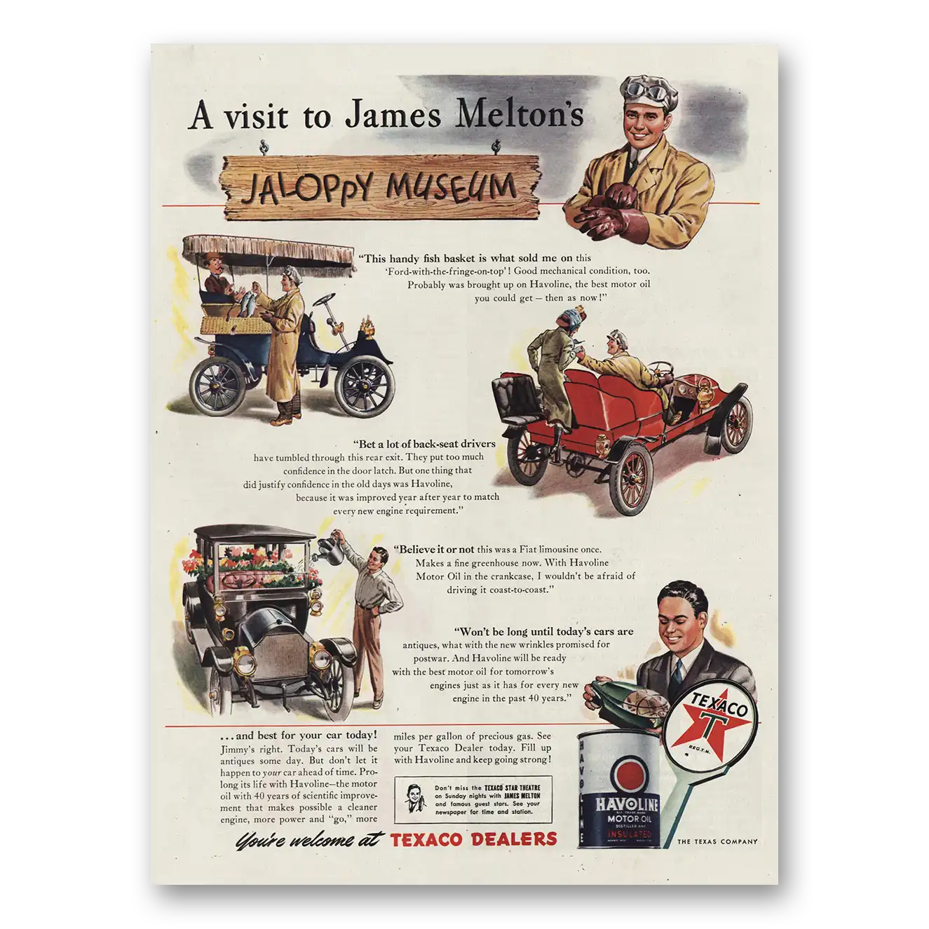 1945 Havoline Motor Oil James Melton Jaloppy Museum Vintage Magazine Print Ad