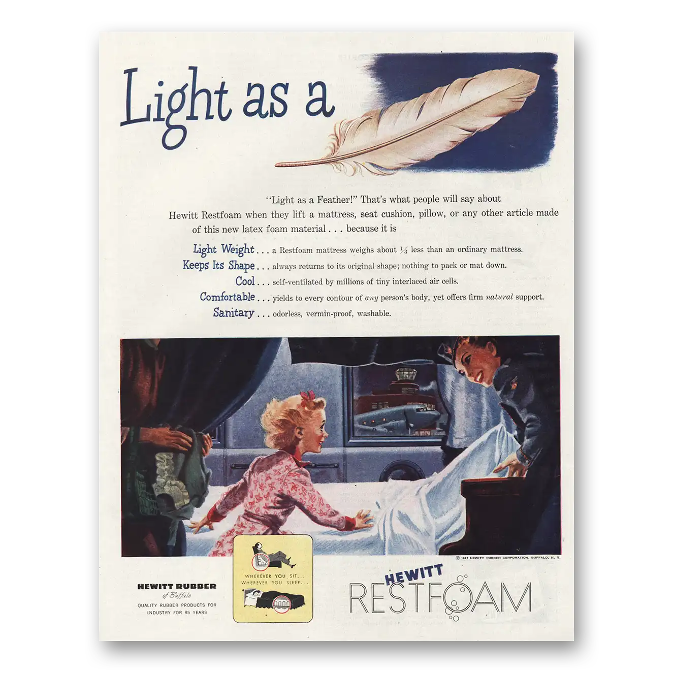 1945 Hewitt Rubber Light As Feather Restfoam Vintage Magazine Print Ad