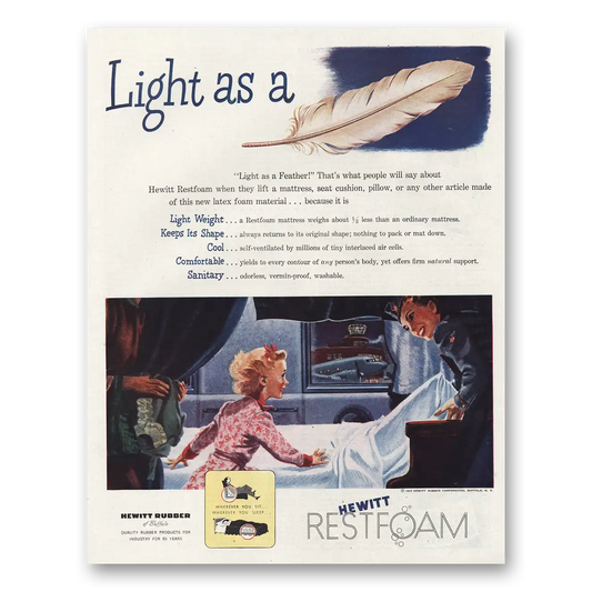 1945 Hewitt Rubber Light As Feather Restfoam Vintage Magazine Print Ad