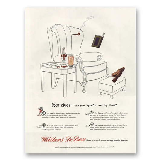 1945 Walkers DeLuxe Four Clues Can You Type Man Vintage Magazine Print Ad