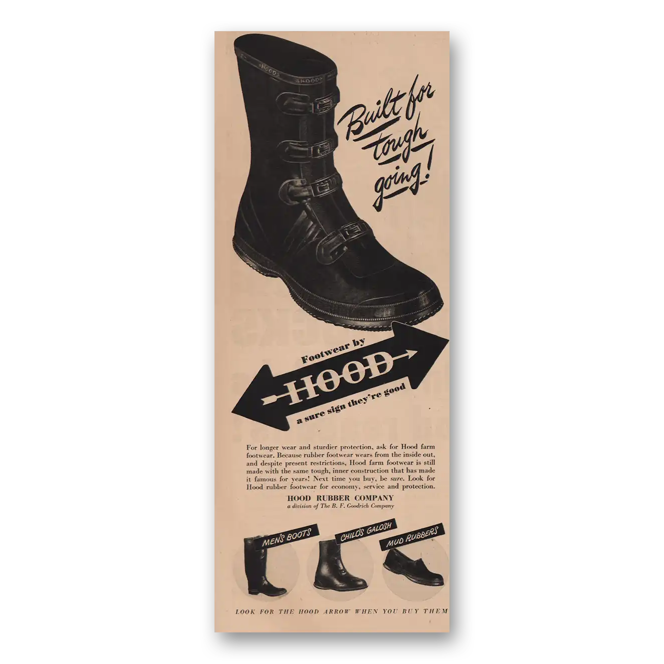 1945 Hood Footwear Built for Tough Going Vintage Magazine Print Ad