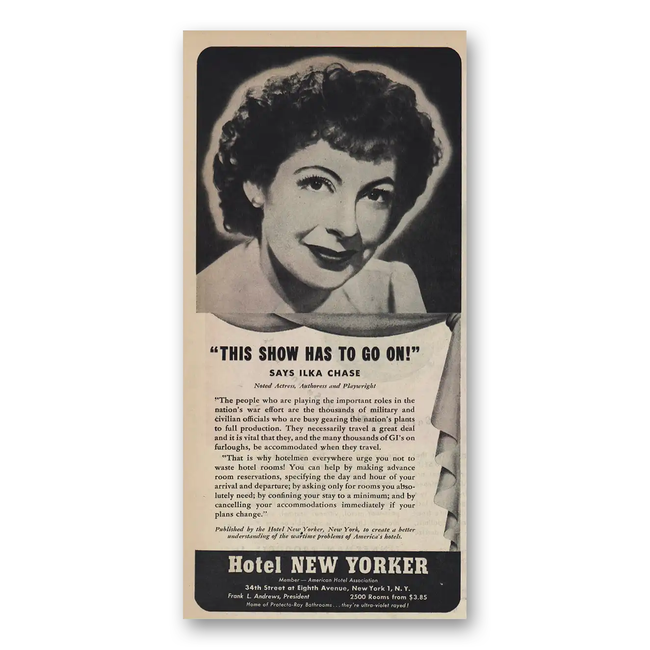 1945 Hotel New Yorker This Show Has To Go On Ilka Chase Vintage Magazine Print Ad