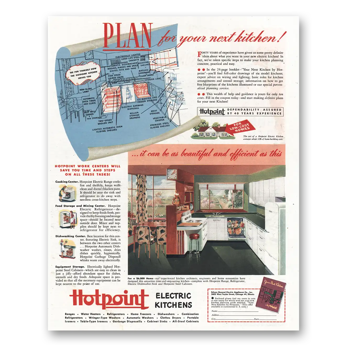 1945 Hotpoint Plan Your Next Kitchen Vintage Magazine Print Ad