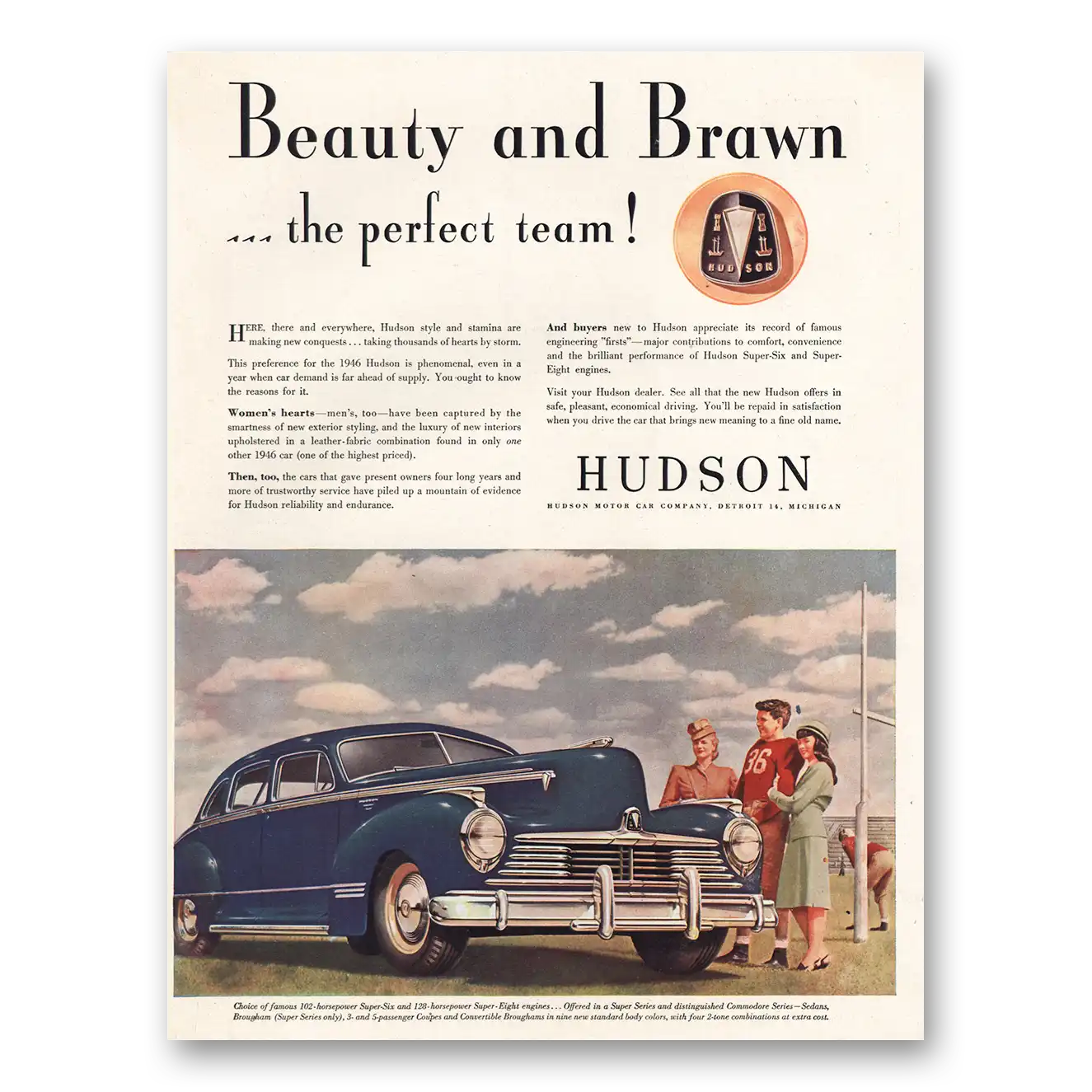 1945 Hudson Motor Car Beauty and Brawn Vintage Magazine Print Ad