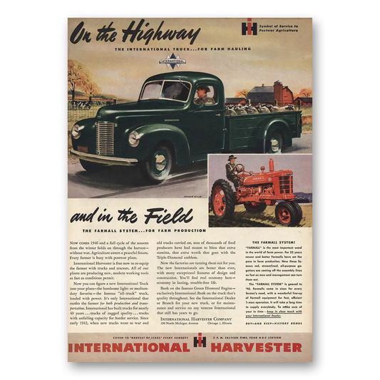 1945 International Harvester On the Highway In the Fields Vintage Magazine Print Ad