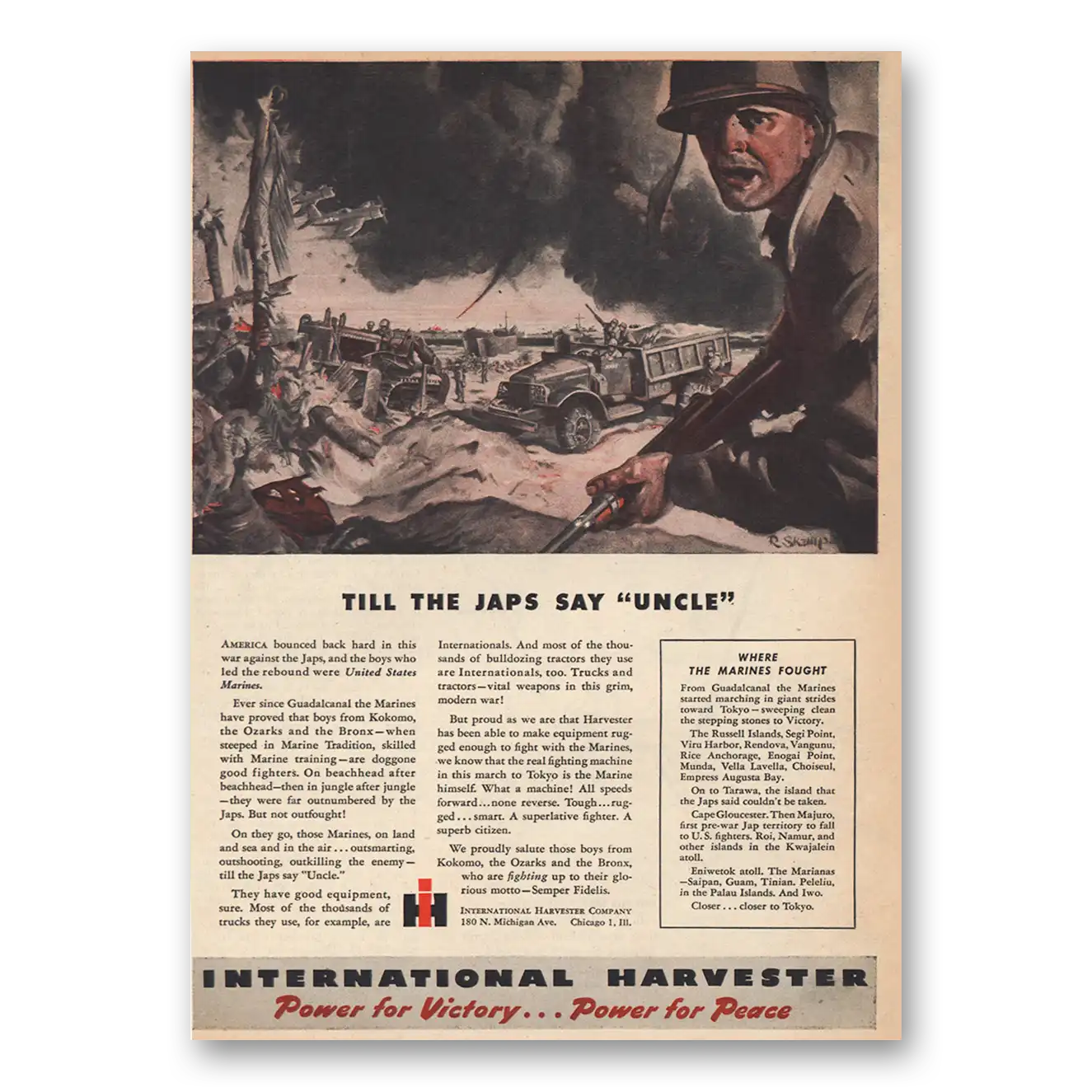 1945 International Trucks Till the Japs Say Uncle Vintage Magazine Print Ad