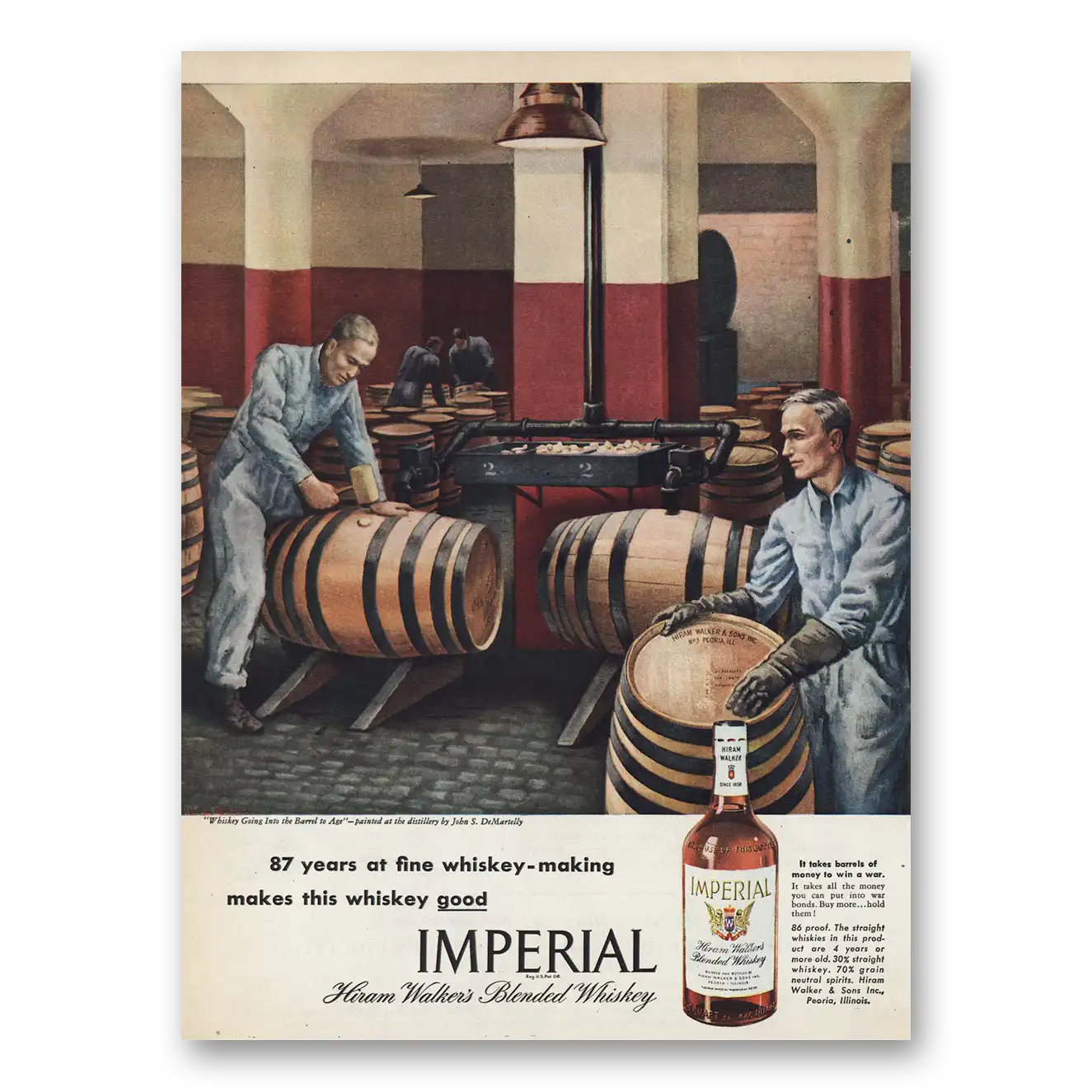 1945 Imperial Whiskey Whiskey Going Into Barrel to Age Vintage Magazine Print Ad