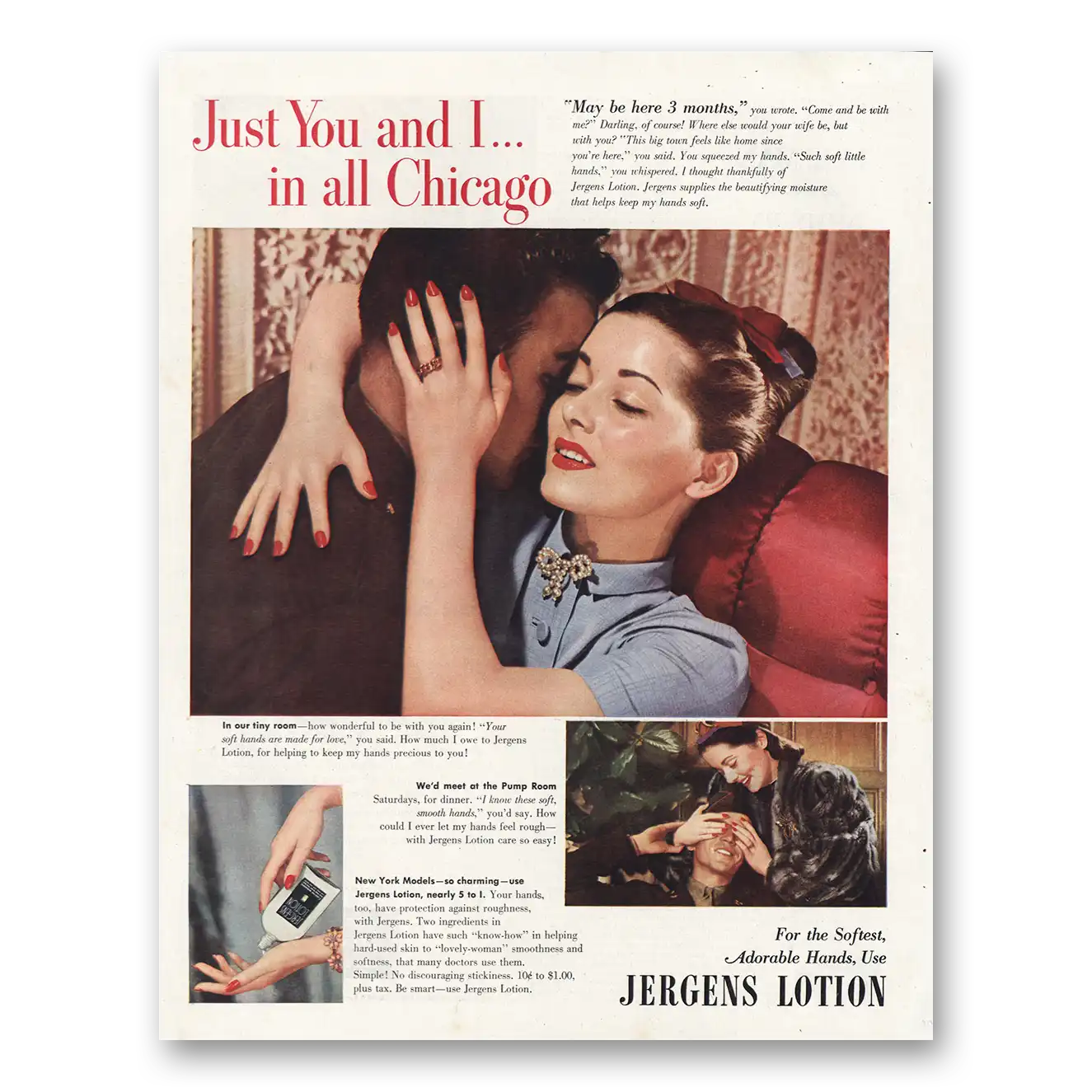 1945 Jergens Lotion Just You and I Chicago Vintage Magazine Print Ad