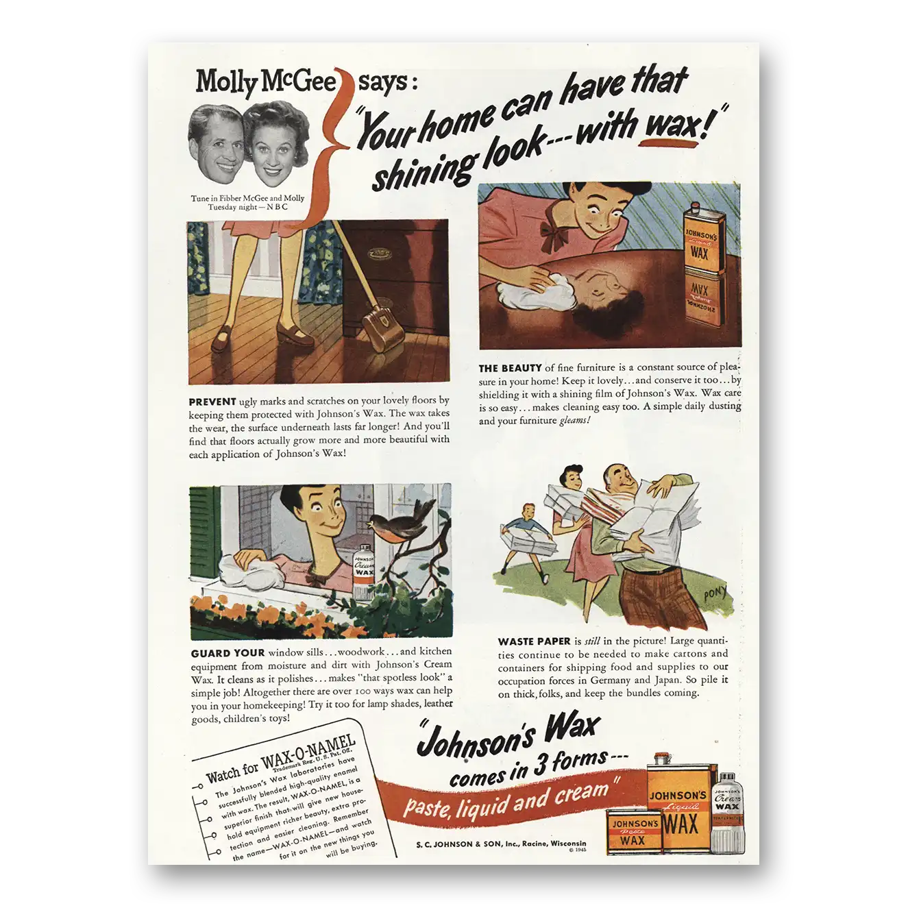 1945 Johnsons Wax Molly McGee Vintage Magazine Print Ad