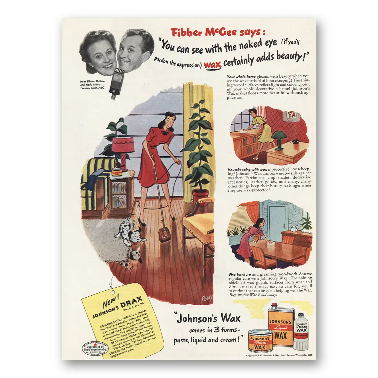 1945 Johnsons Wax Fibber McGee Vintage Magazine Print Ad