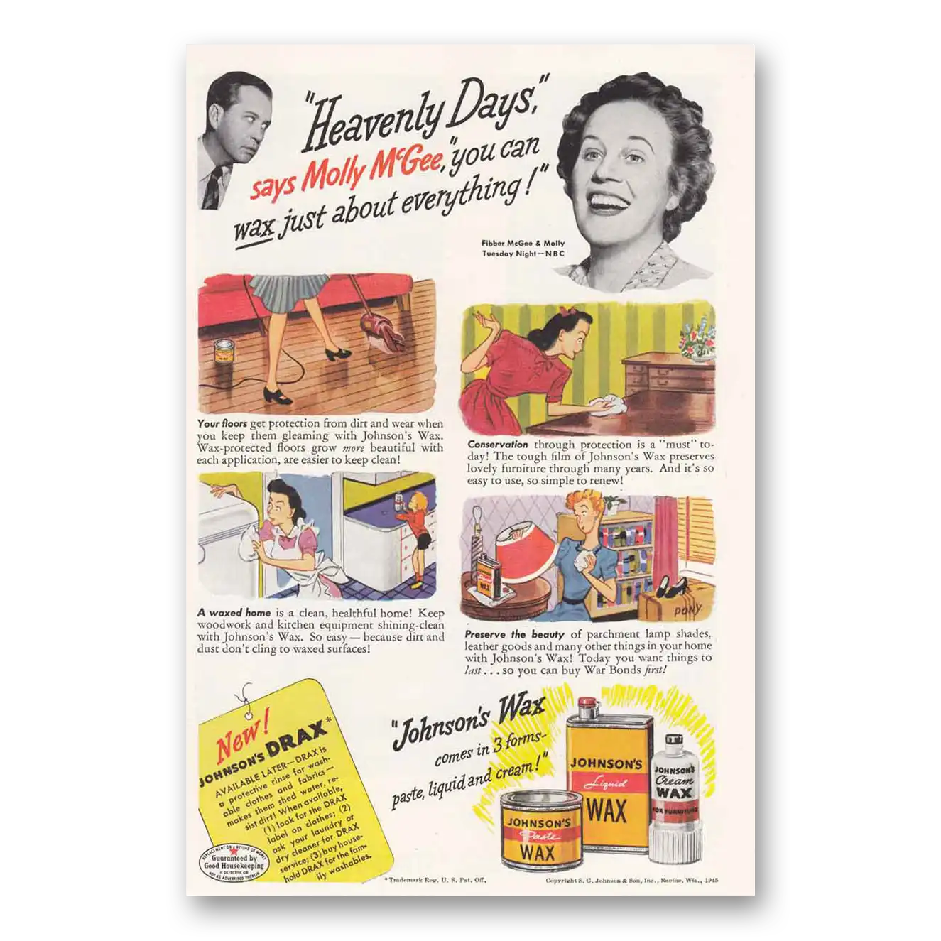 1945 Johnsons Wax Heavenly Days Says Molly McGee Vintage Magazine Print Ad