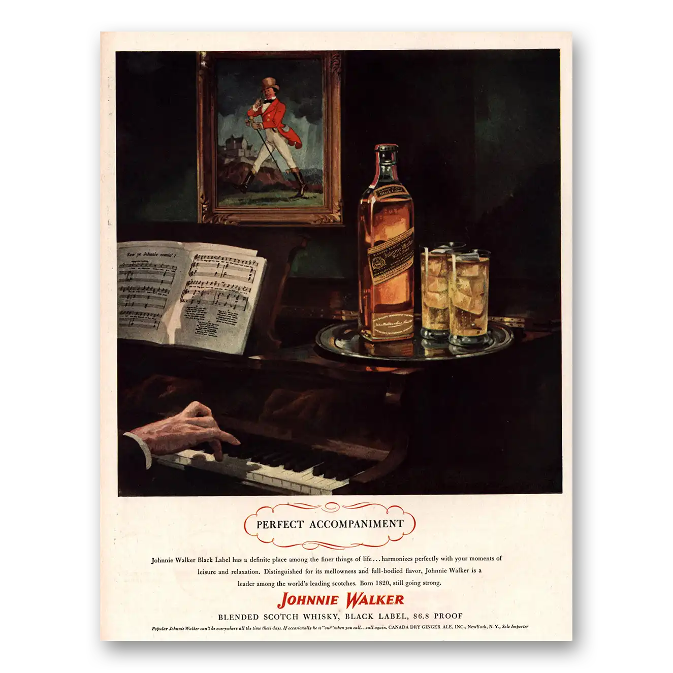 1945 Johnnie Walker Black Label Perfect Accompaniment Piano Vintage Magazine Print Ad