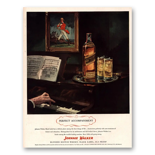 1945 Johnnie Walker Black Label Perfect Accompaniment Piano Vintage Magazine Print Ad