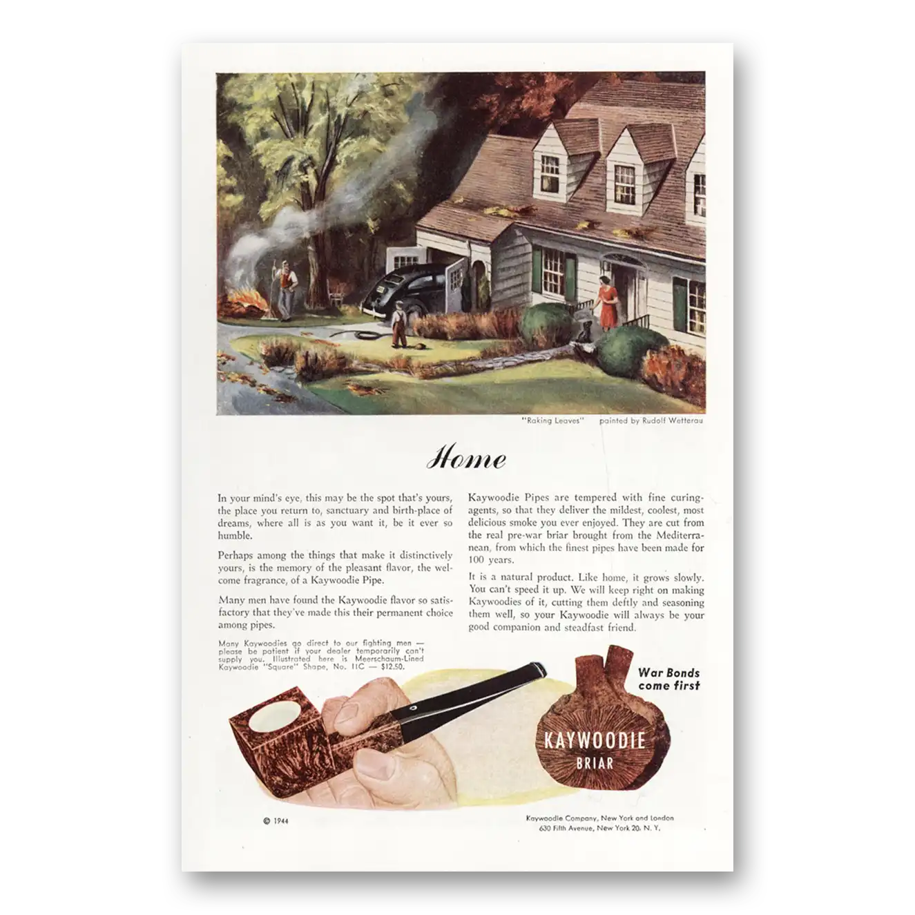 1945 Briar Pipe Home Raking Leaves Vintage Magazine Print Ad